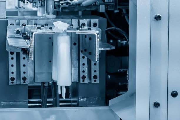 Molded plastic part ejected from a cold runner system mold during injection molding process.