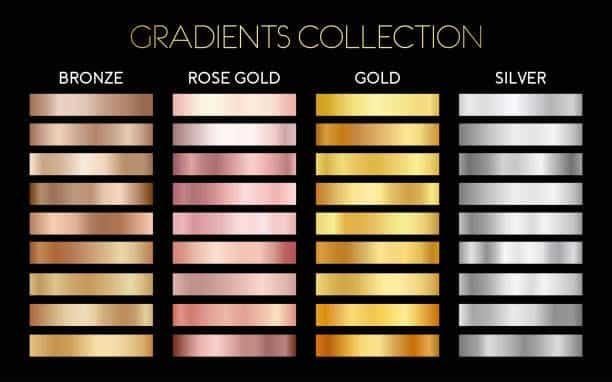 Gradient collection comparing bronze, rose gold, gold, and silver colors for material identification