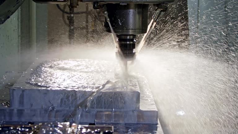 Powerful coolant spray surrounds CNC milling spindle, where excess vibration may cause chatter