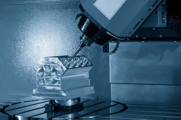 Advanced five-axis CNC milling center machining complex part at compound angle