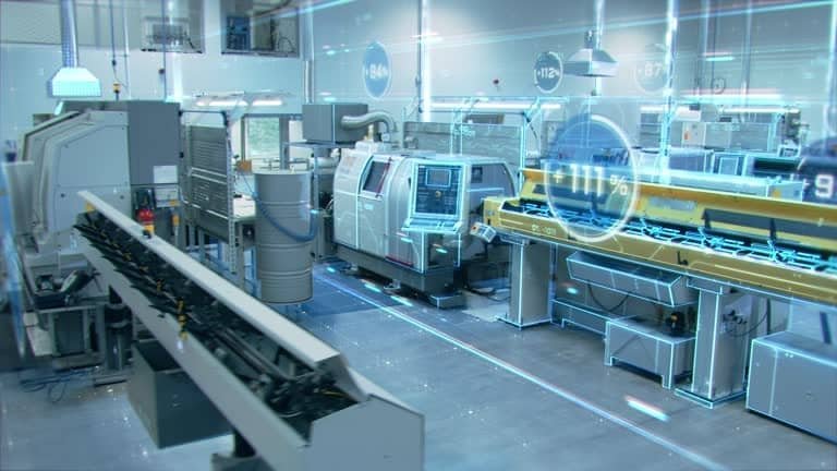 High-tech smart factory showing multiple CNC machines with digital overlays and automation data