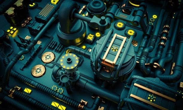 Advanced carbon fiber machine components with intricate industrial layout