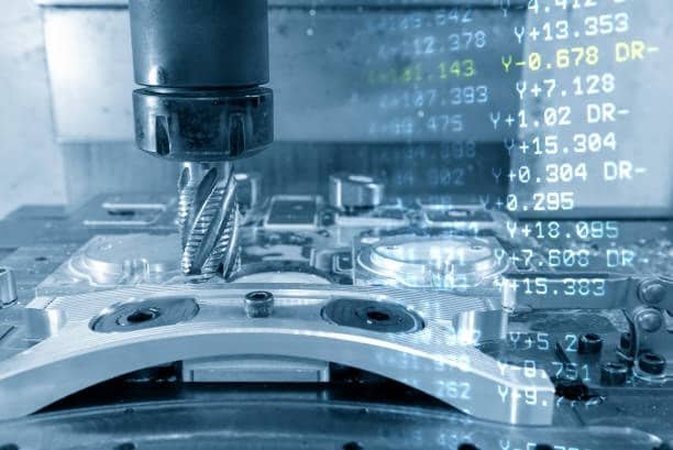 CNC milling cutter working on metal surface with digital coordinates overlay