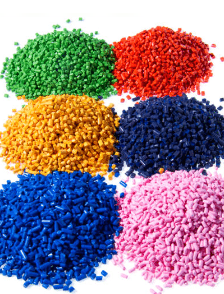 Grouped ABS resin grades in red green yellow blue navy and pink colors used in molded applications