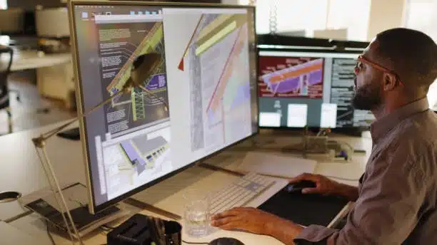 Engineer using CAE software on a multi-screen workstation to analyze structural models.