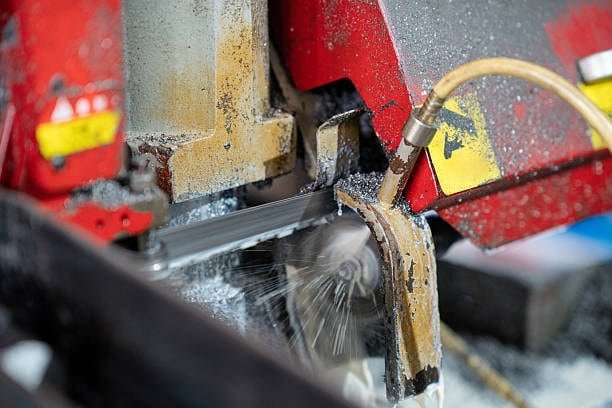 Metal bar being cut with coolant application on an industrial saw to reduce heat