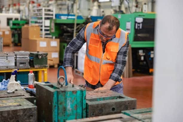 Factory worker conducting mold care during injection molding operations