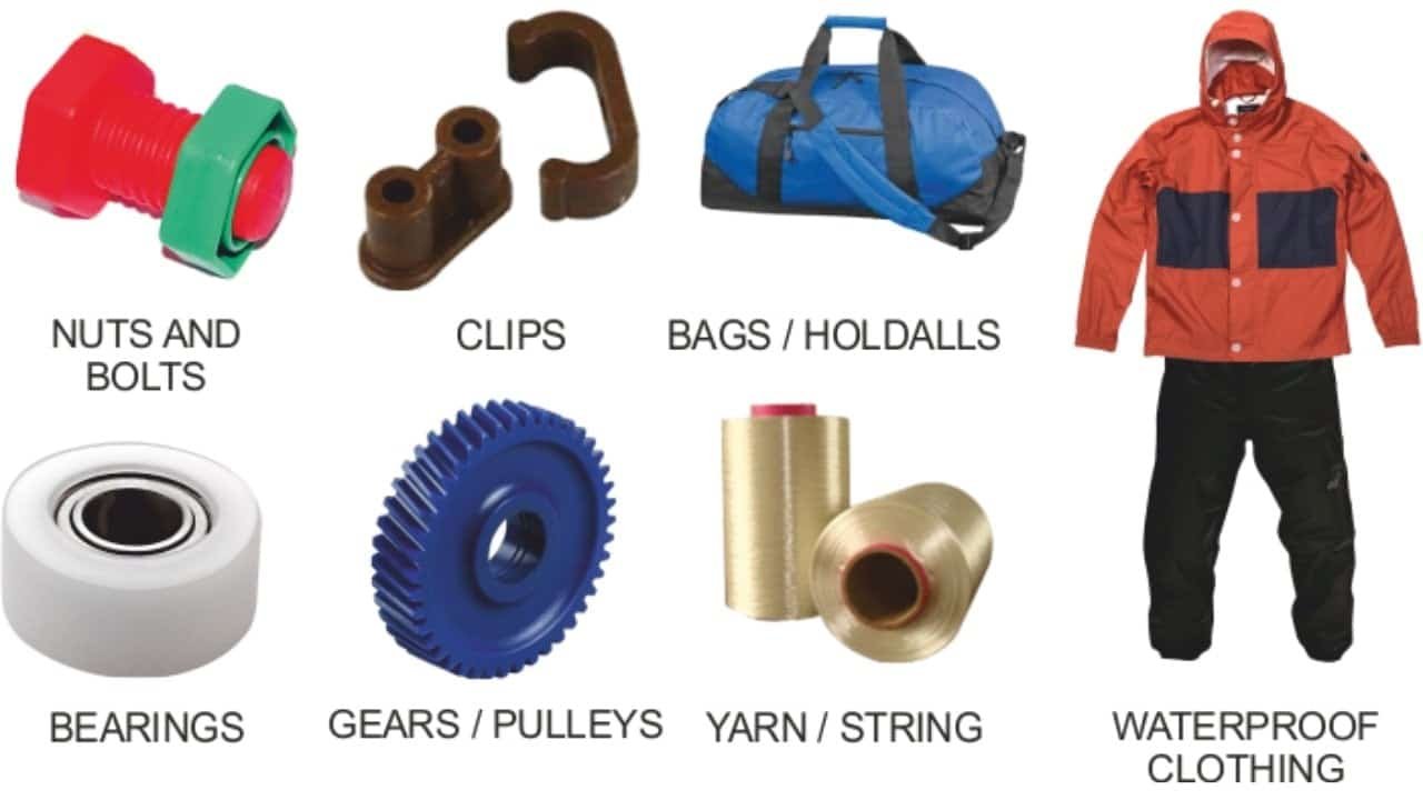 Various products made of nylon including gears, yarn, bolts, and waterproof clothing