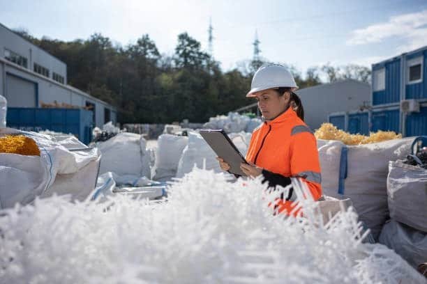 Engineer inspecting polypropylene plastic waste for recycling at an outdoor industrial facility.