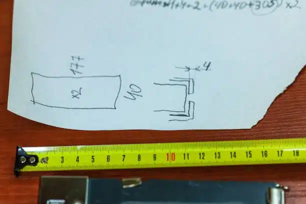Paper drawing with part dimensions and physical tape measure used in tolerance planning