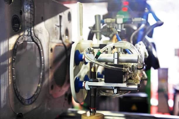 Robot arm handling parts inside an ABS injection molding machine