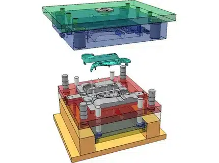 CAD exploded view of injection mould showing core, cavity, and ejector systems