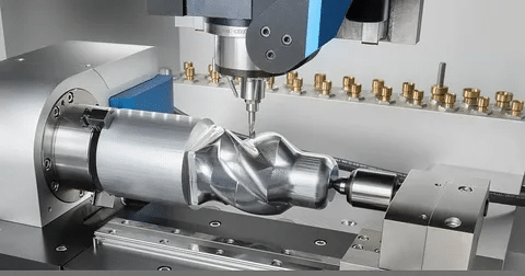 5-axis CNC machine milling a complex rotary part for high surface finish.