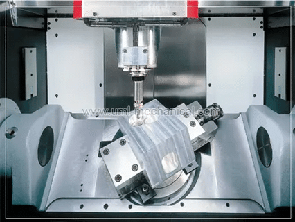 5-axis CNC machine rotating and cutting on multiple angles for high-precision parts.