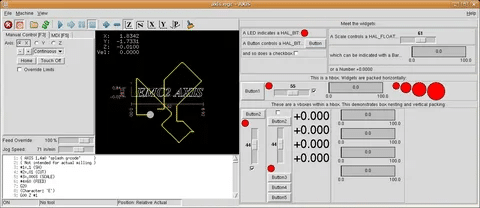 AXIS interface from LinuxCNC showing machine coordinates and visual toolpath