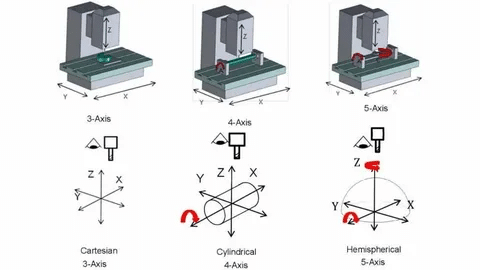 Visual comparison of 3-axis Cartesian, 4-axis cylindrical, and 5-axis spherical CNC systems.