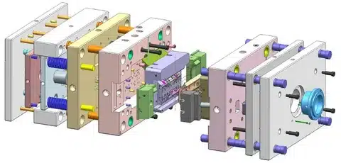 Exploded CAD model of an injection mold assembly used in rapid tooling desig