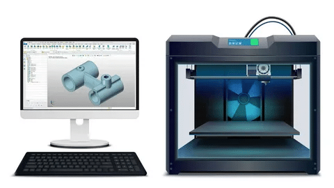 CAD design software interface linked to 3D printer for file export and print preparation.