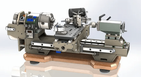Rendered image of CNC lathe with tooling components and work table.