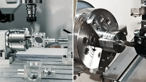 Side-by-side image of CNC mill and CNC lathe machining parts.