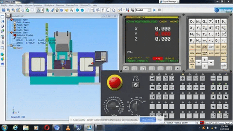 CNC software interface showing machine simulation with digital control panel