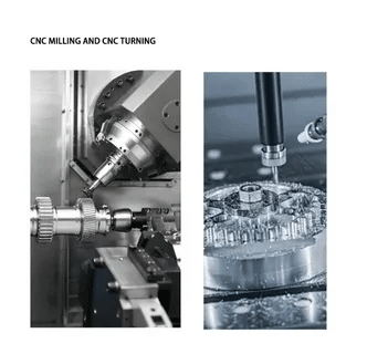 Side-by-side example of CNC lathe and CNC mill cutting metal parts.