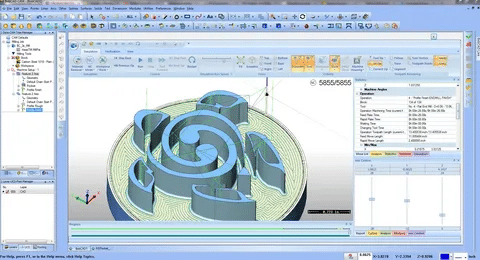 CNC software showing detailed multi-axis toolpath simulation in Delcam