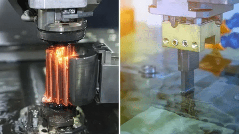 Electrical discharge machining process showing sparks as wire EDM cuts through conductive metal parts.
