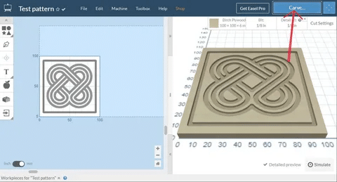 Easel CAD software interface showing cut settings and simulation view