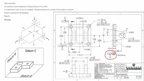GD&T flatness control symbol displayed on a technical part drawing with datums