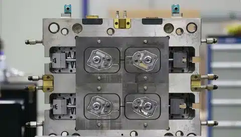 Mold with four cavities for producing multiple identical plastic parts simultaneously
