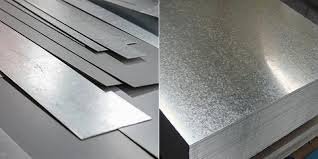Side-by-side view of galvannealed steel with matte finish and galvanized steel with spangled shiny surface