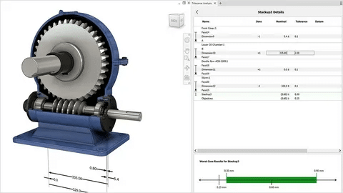 Gear and shaft assembly analyzed for worst-case stack-up tolerance using engineering software.