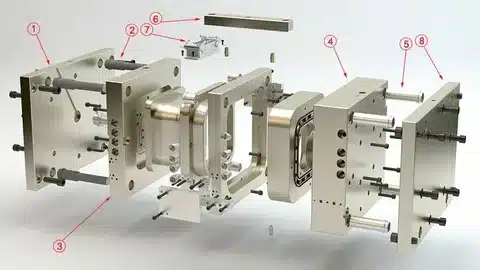 Numbered breakdown of all components inside an injection molding tool set