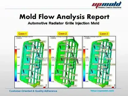 Mold flow analysis comparison for automotive part moulding using different gate and fill strategies