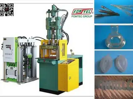 Vertical LSR injection molding machine with examples of finished silicone products
