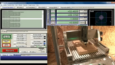 Mach3 user interface operating a CNC router with X Y Z axis control values
