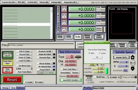 Mach3 CNC software screen with real-time X Y Z axis data and job control