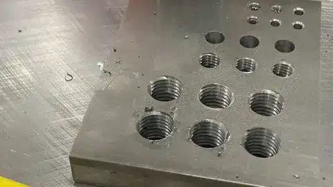 Metal workpiece with multiple precision-machined tapped holes of different sizes