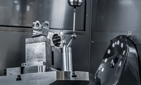 Multi-axis CNC coordinate system measuring machined component for GD&T compliance.