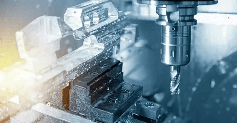Close-up of CNC machine head during metal part fabrication for medical use