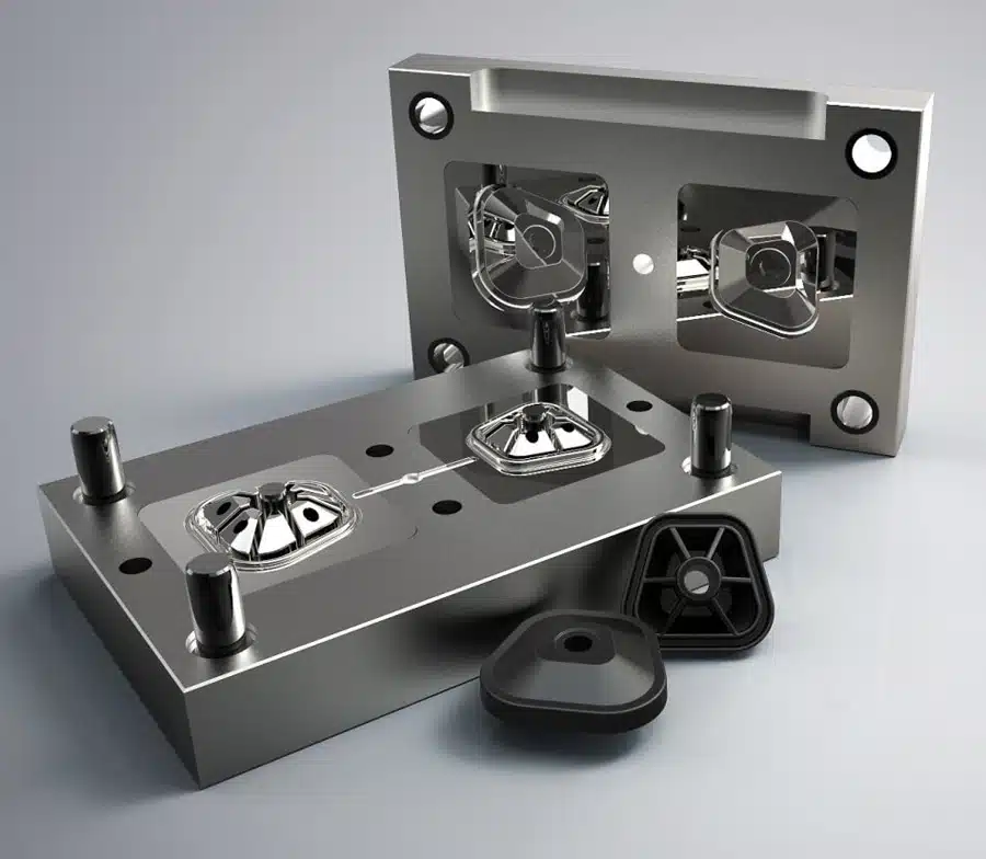 Khuôn ép phun bằng thép gia công CNC với hai khoang được đánh bóng và chân đế bằng nhựa hình tam giác màu đen phù hợp ở phía trước.