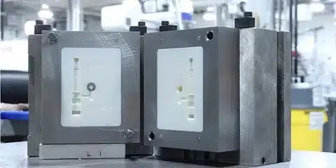 Rapid injection mold opened to reveal small plastic part produced for medical use