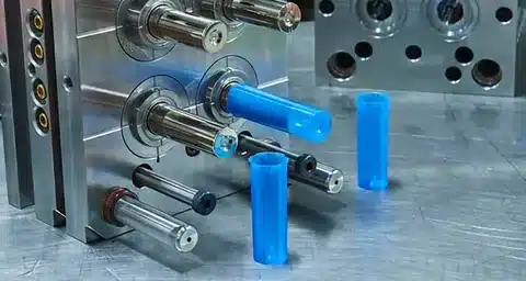 Precision injection mold used in rapid tooling with blue plastic parts and multiple ejector pin system
