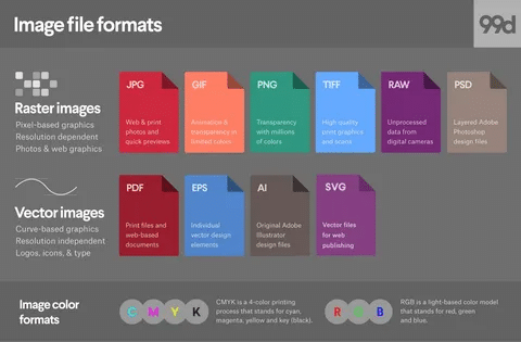Visual comparison of raster and vector file types including JPG, PNG, PDF, and SVG used in digital design and printing.