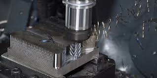 CNC milling machine cutting a stainless steel block with metal chips flying off during high-speed machining
