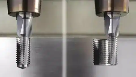 CNC tap cutting internal threads in a metal block during thread machining process