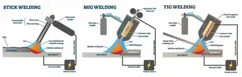 Diagram comparing stick welding, MIG welding, and TIG welding methods