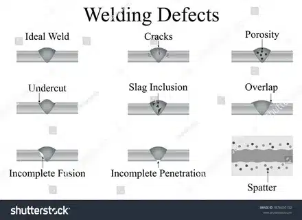 Diagram showing common welding defects including cracks, porosity, slag, spatter, and more