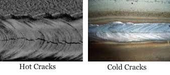 Close-up of weld surface showing hot crack and cold crack differences